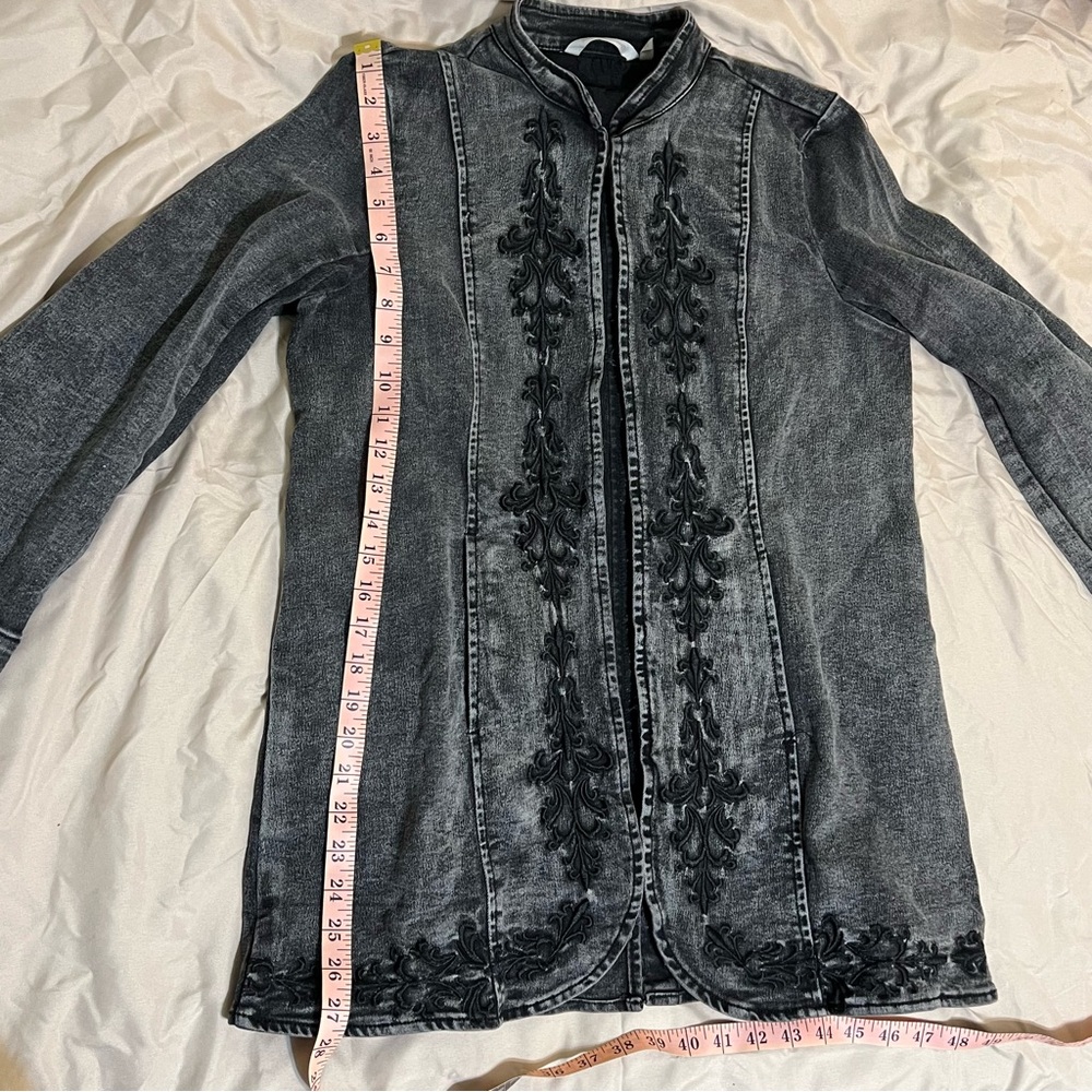 Soft Surroundings Charcoal Embroidered Tunic Military Denim Jacket Black Washed - Picture 14 of 16